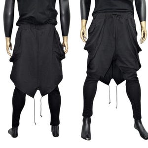 Men’s Black Drop Crotch Harem Pants with Layered Skirt Detail | Avant-Garde Streetwear | Ninja Techwear Joggers | Urban Dance Fashion -BB218