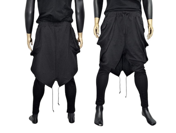 Men’s Black Drop Crotch Harem Pants with Layered Skirt Detail | Avant-Garde Streetwear | Ninja Techwear Joggers | Urban Dance Fashion -BB218