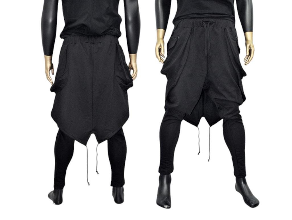 Men's Black Drop Crotch Harem Pants With Layered Skirt Detail