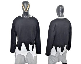 XS - 8XL Men’s Gothic Layered Sweatshirt – Black Long Sleeve Distressed Hem Top – Grunge Streetwear Punk Style Shirt PLUS SIZ festival-BB071