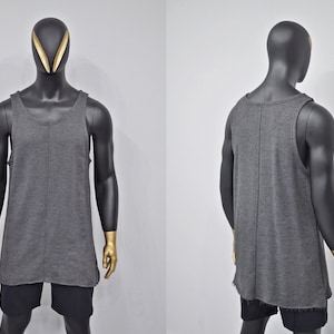 XS-8XL Herren Fleece Ärmellos Weithals Rohe Kanten Tank Top, Verlängerte Lose Essentials Verlängert,Seitenschlitz,Überlang,Oversize Shirt-BB497