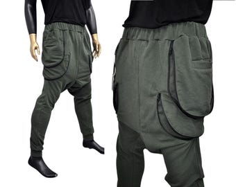 Pantalones harén negros, holgados, asimétricos y extravagantes con tiro caído / Ropa urbana vanguardista / Joggers Ninja Techwear / Danza urbana - BB205