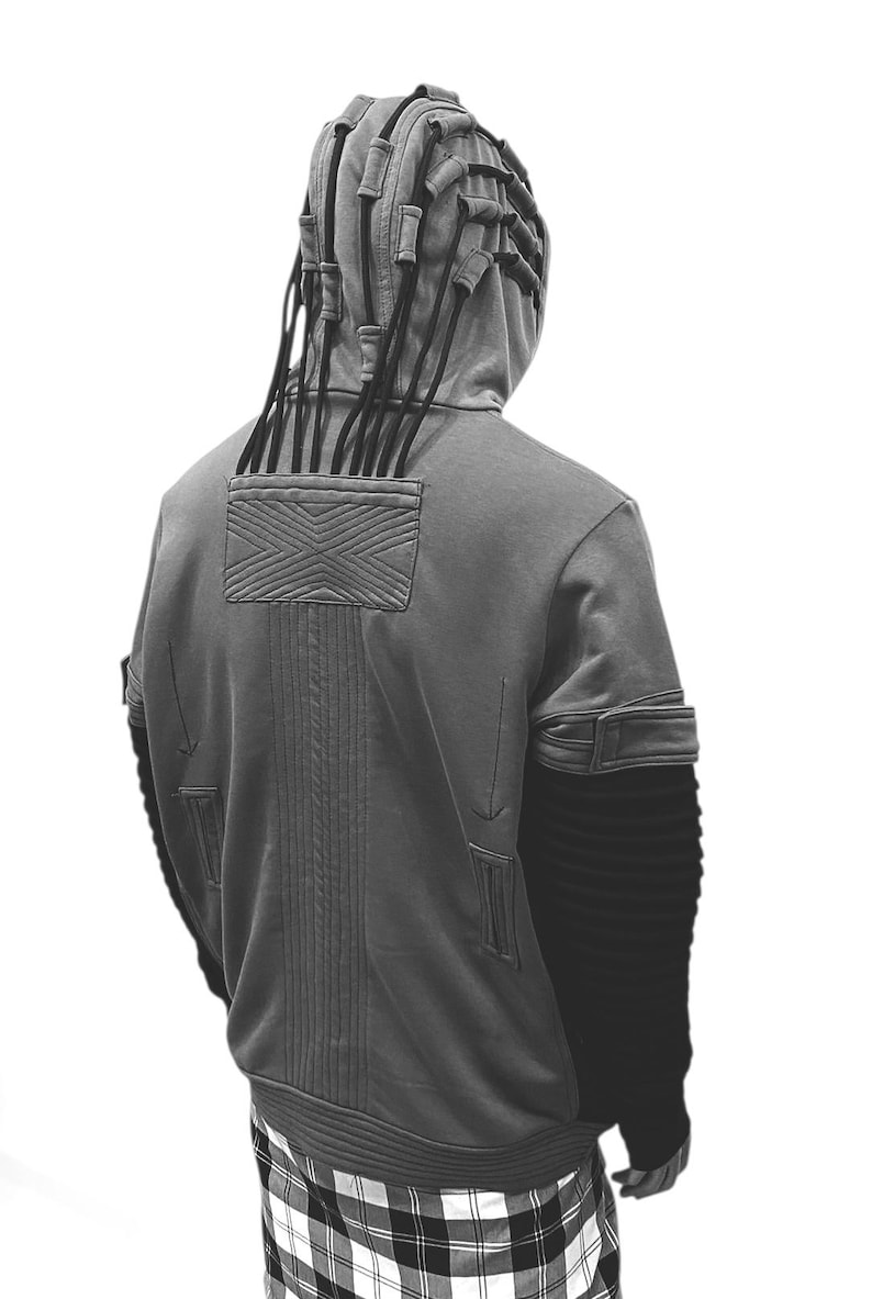 Cyberpunk Techwear Hoodie für Männer • Futuristisches Streetwear Kapuzen-Sweatshirt • Dreadlock Hood Design • Schichtärmel Tech • Urban -BB0188 Bild 2