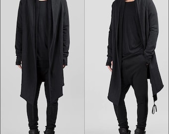 Chaqueta larga con capucha negra / Abrigo con capucha unisex estilo streetwear / Prenda de abrigo minimalista vanguardista / Cárdigan de moda urbana-BB026