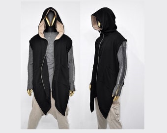 XS - 8XL Unisex Sleeveless Hooded Cardigan Black,Cozy Waistcoat Sweater,Long Loose Soft, Japanese Oversized Shawl,Asymmetrical Vest-BB165