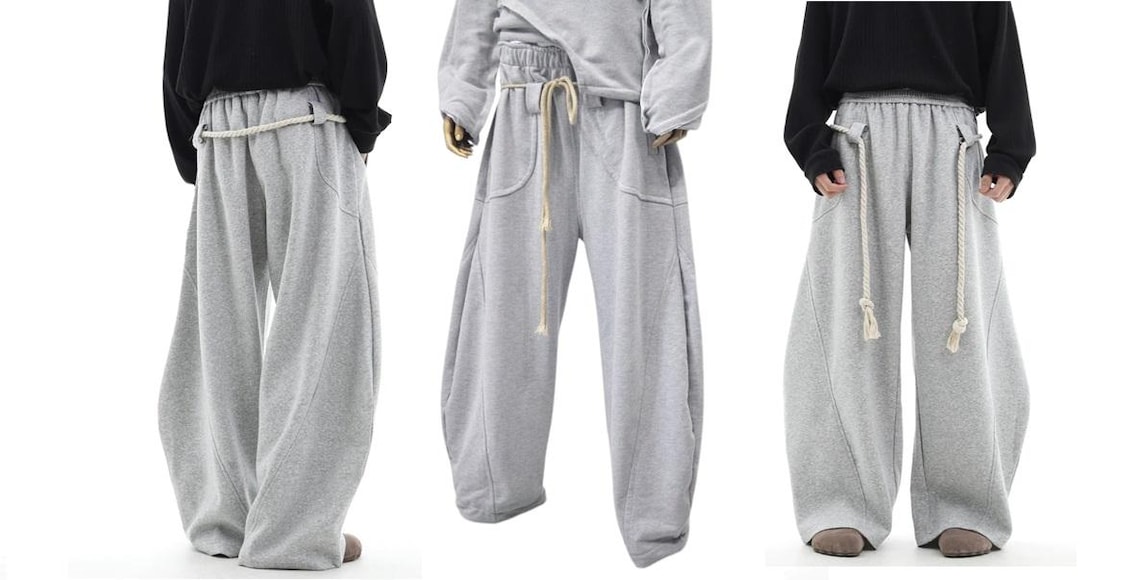 Sweatpants With Rope Unisex Wide-leg Grey Sweatpants – Baggy Fit With Rope Drawstring Wide ...