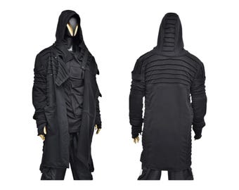 XS-8XL Men's Black Quilted Sleeves Cardigan Loose JACKET,Cyber Goth ,Long Asymmetric Cosplay, Futuristic- Post Apocalyptic Dystopian- BB0122