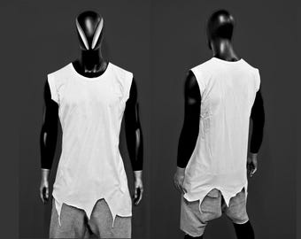 Lange mouwloze lange tanktop met distressed-effect, onregelmatige snit heren – punk wit T-shirt met asymmetrische zoom – edgy streetwear festivalshirt - BB452