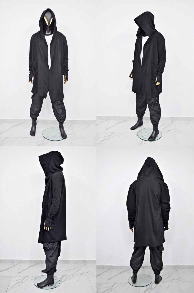 XS-8XL Cardigan ample oversize noir avec capuche, cape coupe-vent avec poches latérales, manteau cape cyberpunk techwear, caillot futuriste BB159 image 5