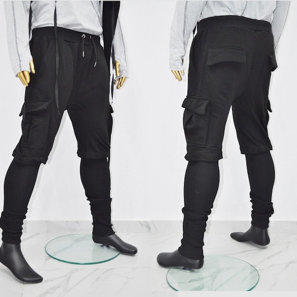 TP-8TG Pantalon de survêtement skinny décontracté avec poches sarouel entrejambe basse pour homme/Pantalon cargo coupe slim avec poche zippée/Jambes fuselées côtelées- BB282