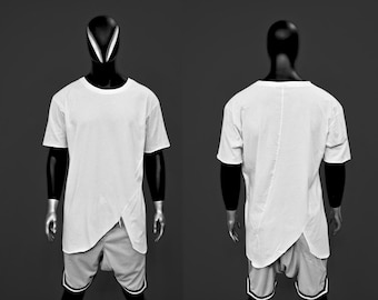 Camiseta blanca asimétrica para hombre, tallas XS-8XL. Camiseta urbana larga con dobladillo superpuesto. Camisa minimalista urbana con capas Essentials Extend-BB434