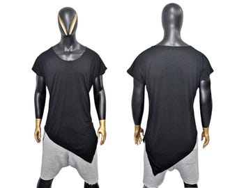Camiseta de manga corta para hombre, escote redondo profundo y bajo en V, asimétrica, negra, de corte largo. Top urbano vanguardista. Moda minimalista de verano. BB514