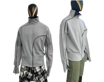 Sudadera gris con cremallera asimétrica: chaqueta unisex vanguardista, top de cuello alto, jersey minimalista de estilo tecnológico, cremallera única -BB0189