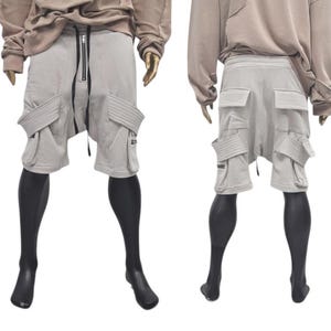 Mens Techwear Drop Crotch Cargo Shorts – Streetwear Zip Pocket Biker Shorts with Drawstring – Futuristic Urban Fashion- Hip Hop KANYE -BB874