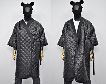 Unisex Quilted Kimono Jacket – Black Oversized Robe Coat, Japanese Streetwear,Avant-Garde,Warm Winter Layer, Unique Designer Outerwear-BB901