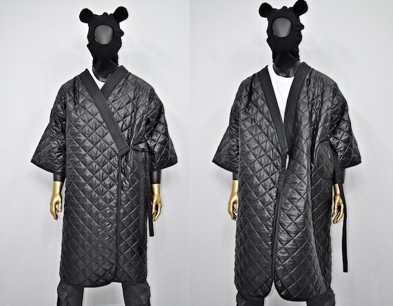 Unisex Quilted Kimono Jacket – Black Oversized Robe Coat, Japanese Streetwear,Avant-Garde,Warm Winter Layer, Unique Designer Outerwear-BB901