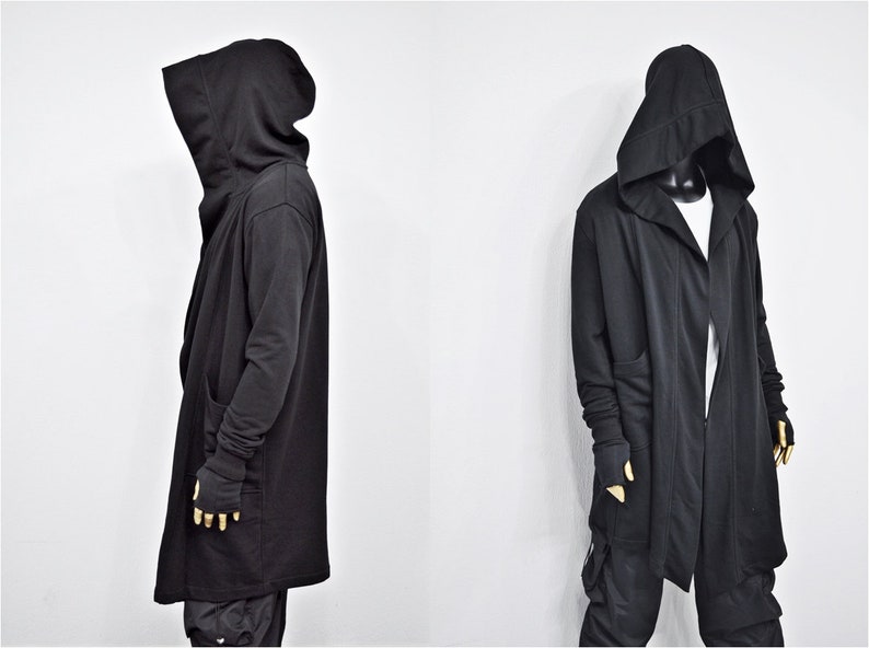 XS-8XL Cardigan ample oversize noir avec capuche, cape coupe-vent avec poches latérales, manteau cape cyberpunk techwear, caillot futuriste BB159 image 2