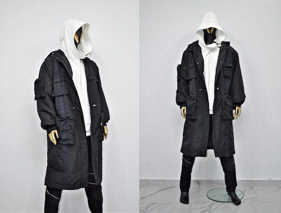 XS-8XL Dark Long Windbreaker Loose Jacket, Over the Knee Hooded