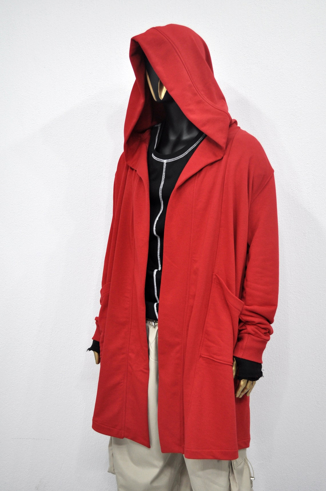 Red 4574 Red Oversized Hooded Cardigan, Techwear Cloak - Etsy