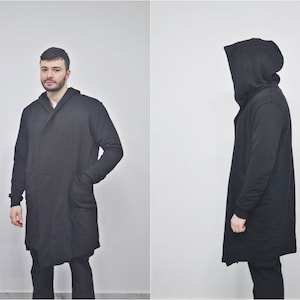 XS-8XL アシャシン オーバーサイズ オーバーロング ブラック ルーズカーディガン フード付き、サイドポケット マント、サイバーパンク テックウェア ケープコート、フューチャリスティック クロット - BB159