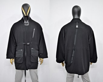 mando kimono jacket 黒 SAMURAI Men's Kimono Four Piece Set #7 Vintage MONTSUKI Hakama