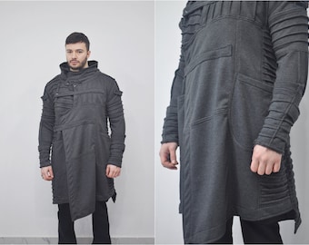 Men's Cyber Goth Cardigan Jacket, Quilted Sleeves, Asymmetric Dystopian Coat