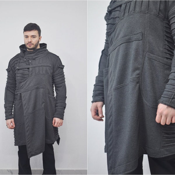 XS-8XL Herren Schwarz Gesteppte Ärmel Strickjacke Lose JACKE, Cyber Goth, Langes Asymmetrisches Cosplay, Futuristisch- Post Apocalyptic Dystopian- BB0122