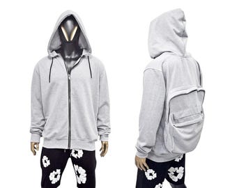 Colección limitada "VUELTA AL COLE" / Sudadera con capucha y cremallera completa gris única con mochila / Suéter con almacenamiento oculto Halloween - BB0187