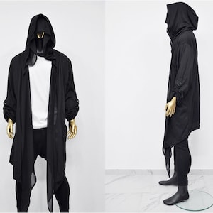 XS-8XL Men's Loose Overlong Whimsigoth Mesh Cardigan, Roll-up Sleeve,Rope Long Oversize Hood, Asymmetrical,Cyberpunk, Futuristic- BB0137