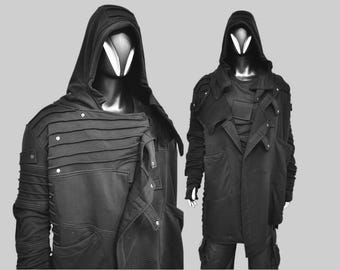 XS-8XL Men's Black Quilted Sleeves Cardigan Loose JACKET,Cyber Goth ,Long Asymmetric Cosplay, Futuristic- Post Apocalyptic Regalo- BB0122