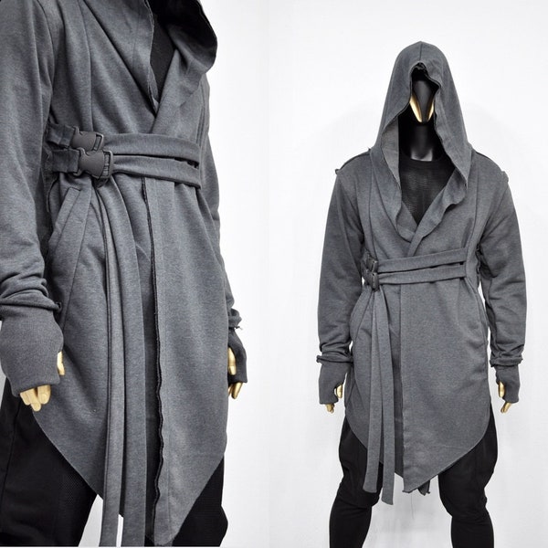 XS-8XL Men's Creed GiantHood Asymetric Cardigan JACKET Hoodie,Ashassin SteamPunk Thumb Hole,Kimono Futuristic-Apocalyptic Dystopian-BB0102