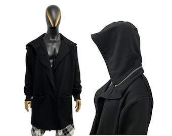 Chaqueta larga negra con capucha / Sudadera unisex con capucha / Prenda exterior minimalista vanguardista / Cárdigan de moda urbana - BB079