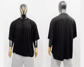 Camiseta Henley negra extragrande para hombre, tallas XS a 8XL, estilo streetwear, manga corta, cuello con botones, hombros caídos, camisa urbana informal minimalista -BB518