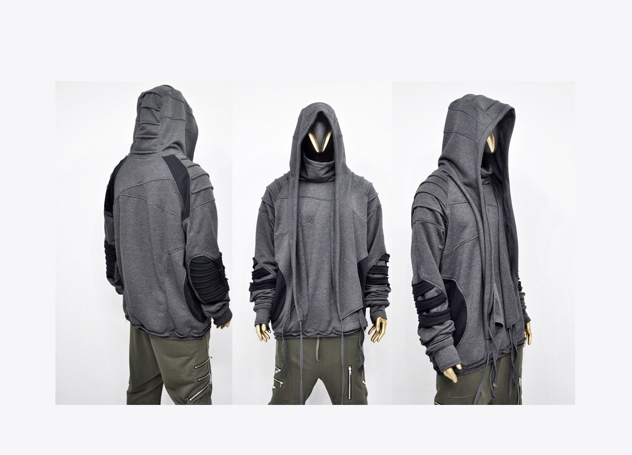Dual Zipper Jacket Mens Dark Black Hoodie Large Hood Custom Fallout Unique  Anime Cyberpunk Fantasy Post Apocalyptic Ninja Shinobi Mask 