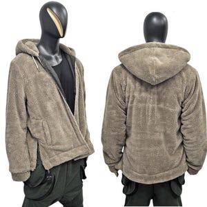 Taupe nallebjörn sherpa hoodiejacka herr damer, överdimensionerad fluffig fleecejacka med dragkedja, mysig vinterhuvtröja med borgmönster, Y2K streetwear ytterkläder-BB014