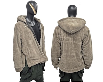 Chaqueta con capucha de sherpa y oso de peluche color topo para hombre y mujer, abrigo extragrande de forro polar esponjoso con cremallera, sudadera con capucha de borreguito de invierno, ropa de calle Y2K - BB014