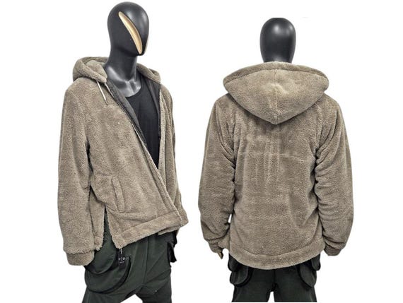 Taupe Teddy Bear Sherpa Hoodie Jacket Men Women, Oversized Fluffy Fleece Zip Up Coat, Cozy Winter Borg Hoodie,Y2K Streetwear Outerwear-BB014