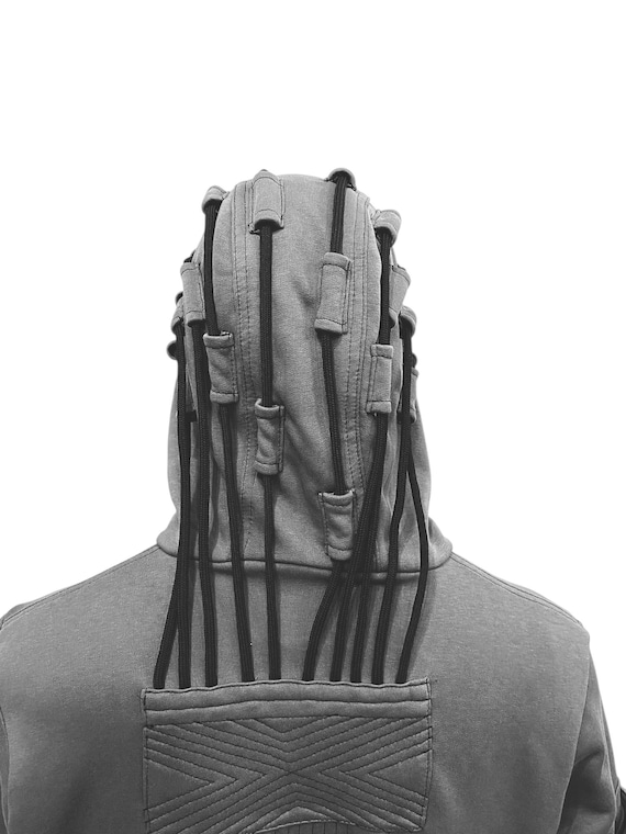 Cyberpunk Techwear Hoodie for Men • Futuristic Streetwear Hooded Sweatshirt • Dreadlock Hood Design • Layered Sleeve Tech • Urban -BB0188