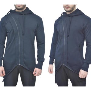 XS - 8XL Men Navy Steampunk Cyberpunk Asymmetric Zip-up Hooded Jacket Top,Gothic Hoodie,Fleece Fitted Streetwear Futuristic Clothing- BB0144