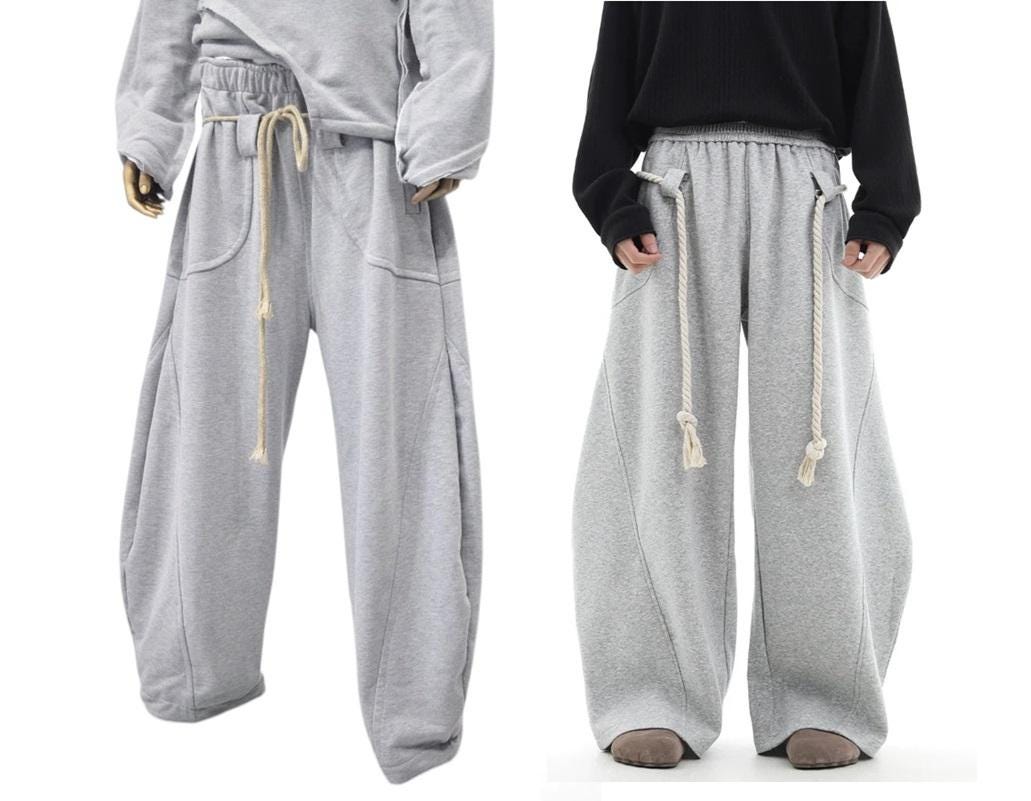 Unisex Wide-leg Grey Sweatpants – Baggy Fit With Rope Drawstring