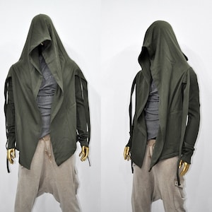 XS-8XL Cyberpunk Asymmetric Big Hooded Tie Dark Ninja Sweatshirt Shawl Pointed Hoodie ,Ashassin Cardigan,Anarchy Futuristic Burning Mn-BB111