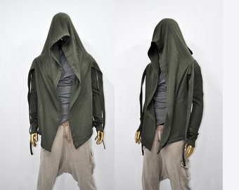 May include: A long-sleeved, hooded cardigan in a dark green color. The cardigan has a draped, asymmetrical design and long ties at the wrists.