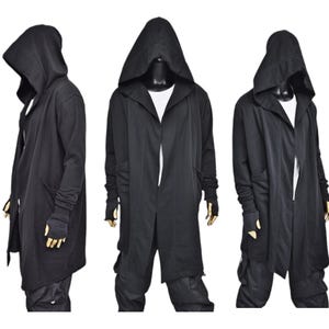 XS-8XL オーバーサイズ オーバーロング ブラック ルーズカーディガン フード付き、サイドポケット ウィンドブレーカー クローク、サイバーパンク テックウェア ケープコート、フューチャリスティック クロット - BB159