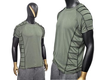 Camisa verde oliva de manga corta con detalle de pespunte en contraste – Estilo urbano japonés vanguardista, top atrevido, minimalista y relajado -BB516