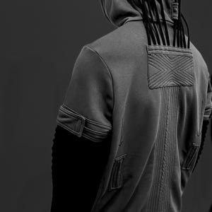 K&ouml;nnte beinhalten: Ein grauer Kapuzenpullover mit einem einzigartigen Design. Die R&uuml;ckseite hat ein strukturiertes Panel mit einem X-f&ouml;rmigen Muster und vertikalen N&auml;hten. Die Kapuze hat mehrere schwarze Kordeln. Die &Auml;rmel haben eine schwarze Rippstruktur. Der untere Teil ist ein Karomuster.