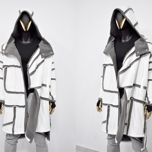 XS-8XL Cozy Sherpa Liner Fleece Outer Quilted Sleeves Overlong Cardigan JACKET , Cyber ,Ashassin Asymmetric Punk,Futuristic-Apocalypt-BB0163