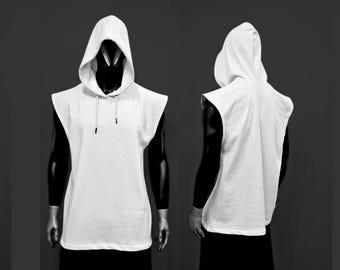 Sudadera con capucha sin mangas para hombre - Camiseta blanca de tirantes con capucha y corte ajustado, estilo urbano minimalista para gimnasio - BB0186