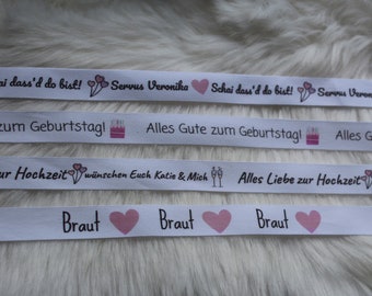 Geschenkband mit Wunschtext | Meterware personalisiert | Hochzeit Geburtstag Weihnachten Valentinstag Blumen Herz/Erzieherin/Lehrerin
