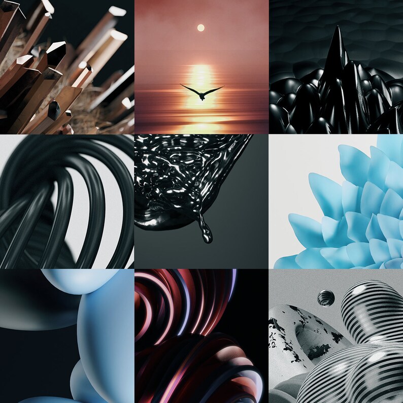 Może przedstawiać: Kolaż abstrakcyjnych obraz&oacute;w przedstawiających r&oacute;żnorodne faktury i kolory. Obrazy obejmują zach&oacute;d słońca z ptakiem lecącym nad wodą, czarno-białe zdjęcie kwiatu, zbliżenie czarnego kabla, zbliżenie czarnej cieczy, zbliżenie stosu drewnianych patyk&oacute;w oraz zbliżenie czarno-białego obiektu w paski.