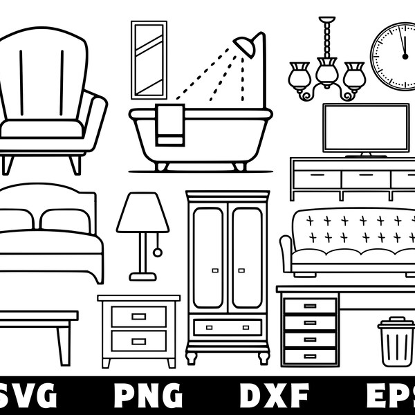 Furniture SVG Bundle included Sofa, Bed, Armchair, Wardrobe, Mirror, Tv Unit, Nightstand, Clock, Garbage, Chandelier Svg, Png, Eps, Dxf